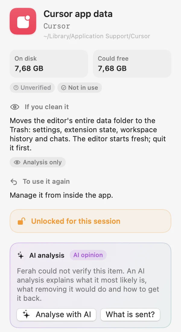 Ferah's detail panel for an unverified item, with the AI analysis box and a “What is sent?” button.