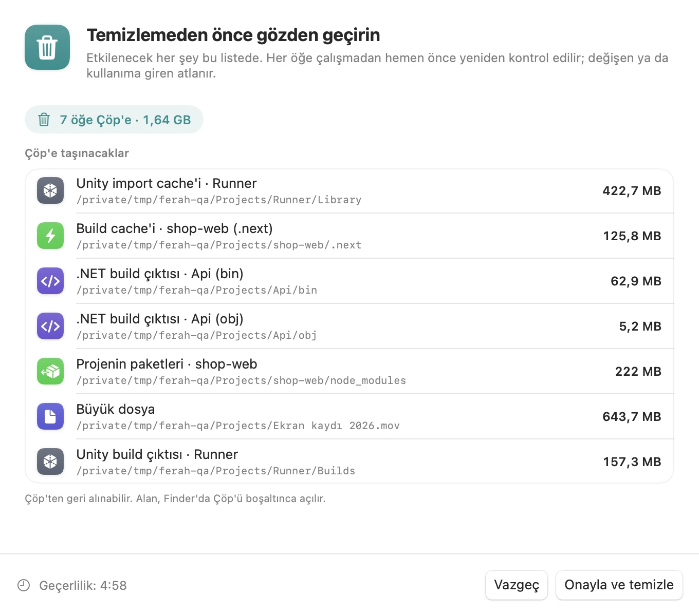 Ferah gözden geçirme ekranı: Çöp'e taşınacak her yol, boyutlarıyla ve onay düğmesiyle.