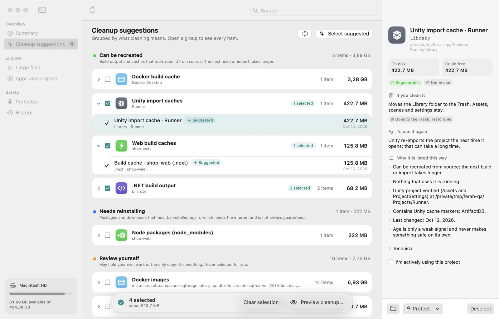Ferah's cleanup suggestions grouped into can be recreated, needs reinstalling and review yourself, with a detail panel.